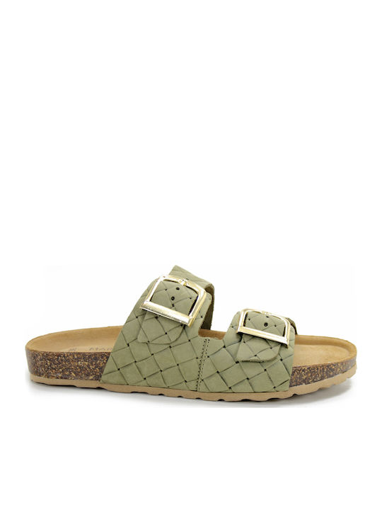 Leder Flache Sandalen für Damen in Khaki Farbe