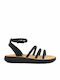 Jemsa Leather Women's Flat Sandals with Strap in Black Color