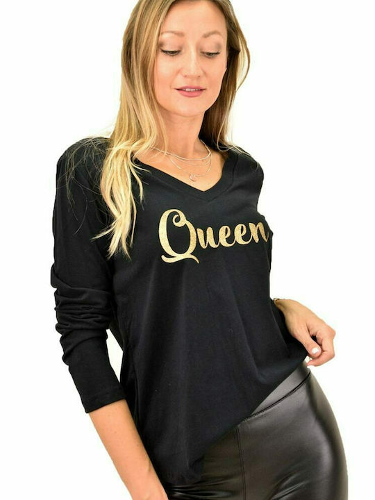 Γυναικεία μακρυμάνικη μπλούζα με τύπωμα Queen Μαύρο 12269