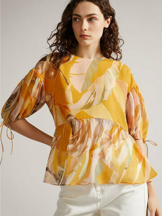 Ted Baker Damen Sommerliche Bluse mit 3/4 Ärmel & V-Ausschnitt Blumen Gelb