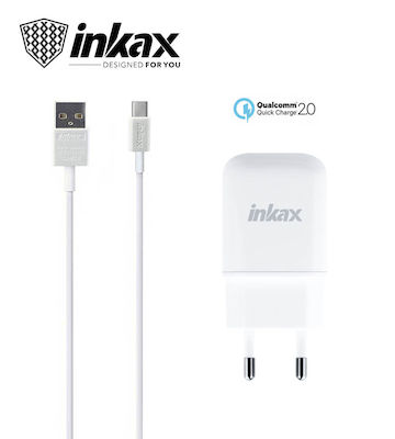 Inkax Φορτιστής με Θύρα USB-A και Καλώδιο USB-C Quick Charge 2.0 Λευκός (CD-24)