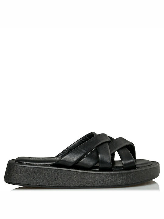 Venini Δερμάτινα Γυναικεία Σανδάλια Flatforms σε Μαύρο Χρώμα