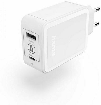 HAMA Φορτιστής Χωρίς Καλώδιο με Θύρα USB-A και Θύρα USB-C 42W Power Delivery / Quick Charge 2.0 / Quick Charge 3.0 Λευκός (183320)