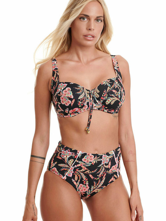 Set Bikini Talie înaltă Floral Negru