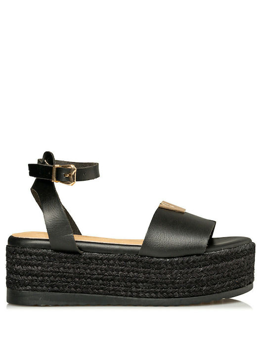 Envie Shoes Δερμάτινα Γυναικεία Σανδάλια με Λουράκι Flatforms σε Μαύρο Χρώμα