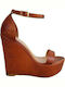 Women's Leather Ankle Strap Platforms Tabac Brown