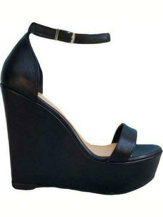 Women's Leather Ankle Strap Platforms Black