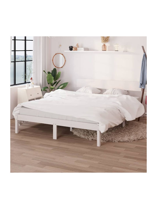 Double Solid Wood Bed White with Slats for Mattress 140x190cm