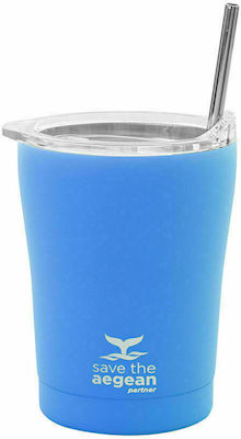 Estia Coffee Mug Save The Aegean Glas Thermosflasche Rostfreier Stahl BPA-frei Olympic Blue 350ml mit Stroh