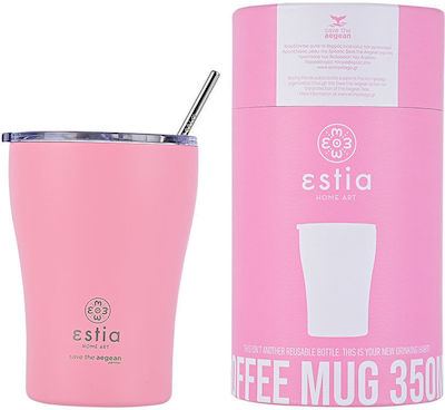 Estia Coffee Mug Save The Aegean Glass Thermos Stainless Steel BPA Free Blossom Rose 350ml with Straw