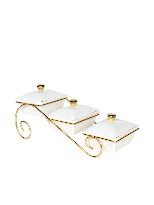 Keskor Metallic Dessert Divided Serving Tray with 3 Slots White-Gold 34x14x15cm