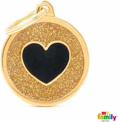 My Family Shine Big Circle Gold Glitter Black Heart Dog ID Tag Heart Black Large