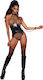 Dreamgirl Fishnet Halter Teddy Bodysuit with Attached Faux Leather Black