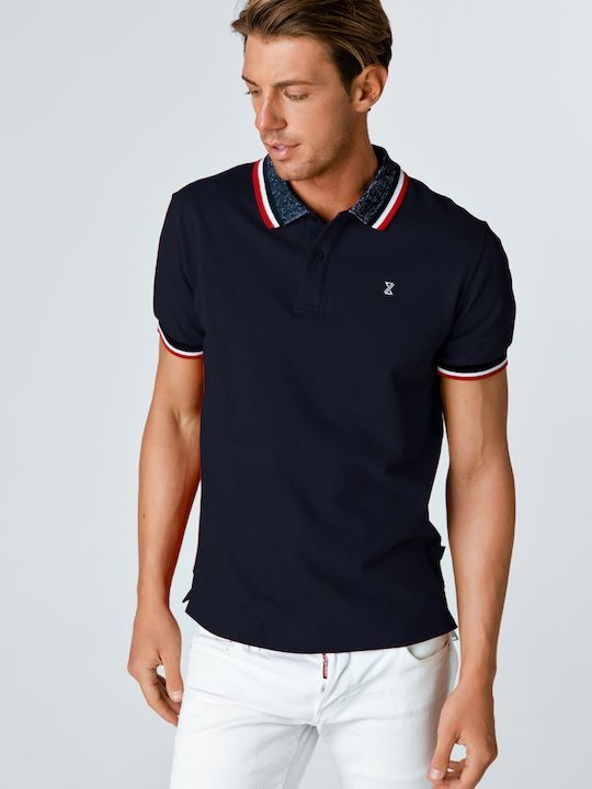 Snta Polo Pique with Short Sleeve & Melange Striped Collar - Blue Navy