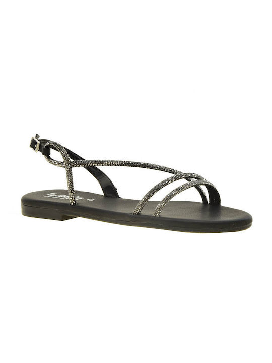 Fardoulis Leder Damen Flache Sandalen in Schwarz Farbe