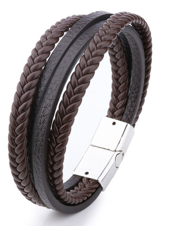 Bracelet,men's,leather braid,brown,steel.