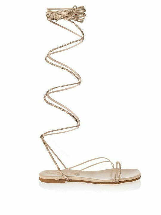 Leder Flache Sandalen Für Damen Beige