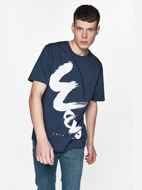 Snta T-shirt with Wave Print - Dark Blue