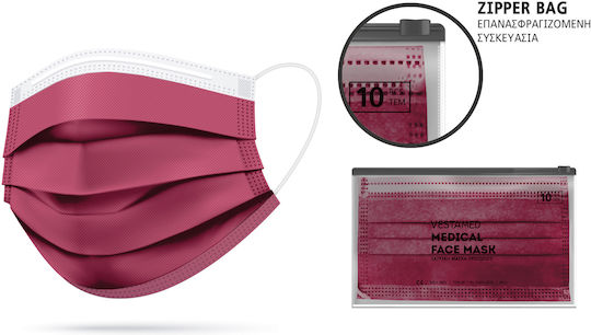 Vestamed VMM40 Protective Mask Non-Reusable Type IIR Surgical Burgundy 10pcs