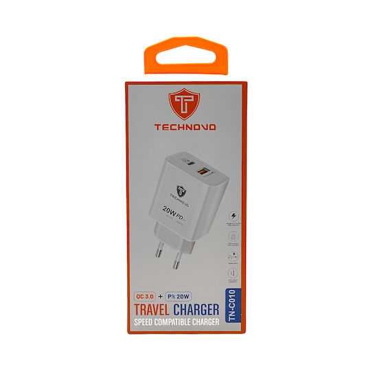 Technovo Încărcător Fără Cablu cu Port USB-C 20W Livrarea energiei / Quick Charge 3.0 Albς (TN-C010)