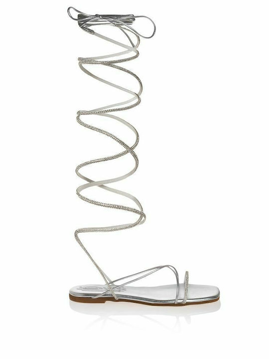 Sante Leder Damen Flache Sandalen Silber