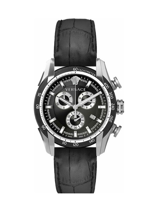 Versace Uhr Chronograph Batterie mit Schwarz Lederarmband