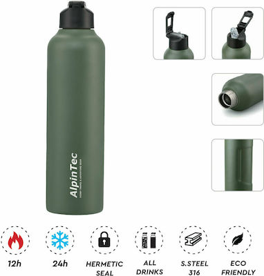 AlpinPro Tour Bottle Thermos Stainless Steel BPA Free Dark Green 950ml with Straw