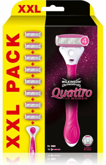 Wilkinson Sword Quattro for Women Razor for Body with Replacement Heads 4 Blades & Lubricious Strip 8pcs