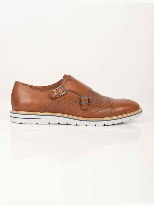 STEFAN SHOE 100% LEATHER WITH PERFORATED PATTERN & DOUBLE BUCKLE 702 S/S18.CAMEL