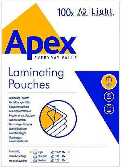 Fellowes Apex Light Duty Laminating Sheets Glossy A3 80 Microns 100 Pieces