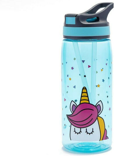 Yolo Sticlă Pentru Copii Unicorni Din Plastic Tritan Cu Pai Albastru Deschis 500ml