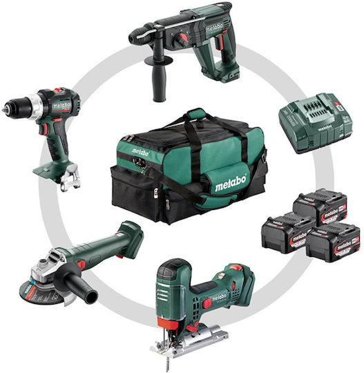 Metabo 685214000 Set Angle Wheel & Impact Drill Driver & Hammer & Jigsaw 18V with 3 Batteries 4Ah and Case