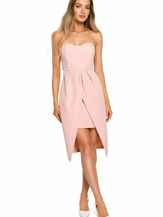 Asymmetrical Summer Dress for Marriage / Baptism Strapless Pink