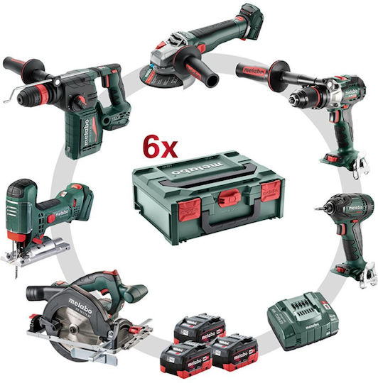 Metabo 685223000 Set Angle Wheel & Circular Saw & Impact Drill Driver & Impact Screwdriver & Hammer & Jigsaw 18V with 6 Batteries 5.5Ah and Case
