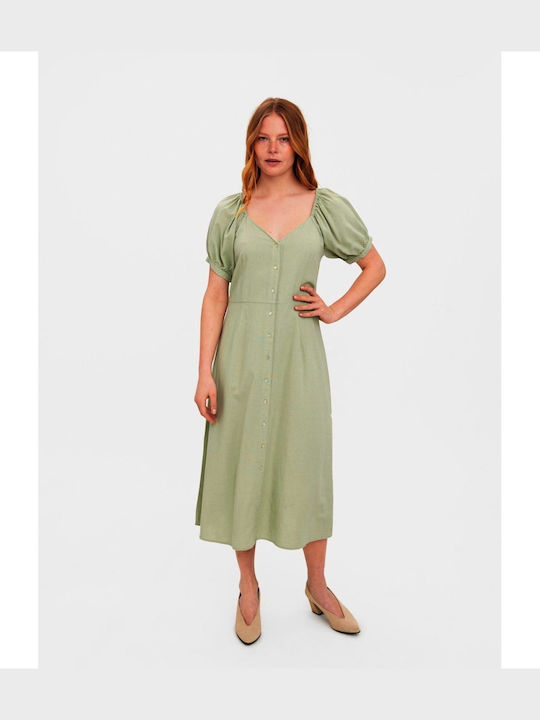 Vero Moda Jesmilo Midi Καλοκαιρινό All Day Φόρεμα με Κουμπιά Πράσινο