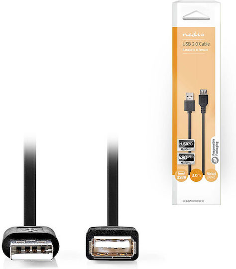 Nedis USB 2.0 Cable USB-A male - USB-A female Μαύρο 3m (CCGB60010BK30)