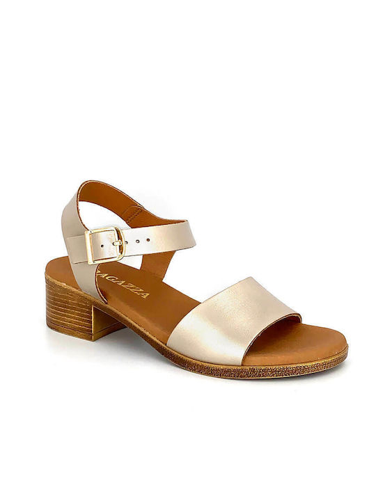 Ragazza Leather Women's Sandals with Ankle Strap Gold with Chunky Low Heel