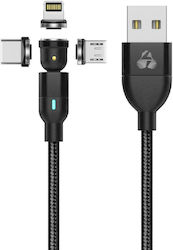 Powertech Magnetic USB to micro USB / Type-C / Lightning Cable Μαύρο 1m (PTR-0103)