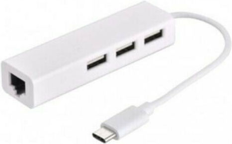 Devia Leopard Hub 3 Porturi USB 2.0 cu Conectare USB-C Ethernet Alb