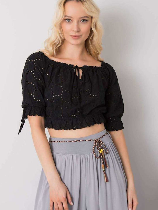 Och Bella Damen Sommer Crop Top Schulterfrei Baumwolle Kurzarm Schwarz