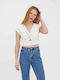 Snow Women's Summer Crop Top Linen Short Sleeve with V Neckline Navy Blue