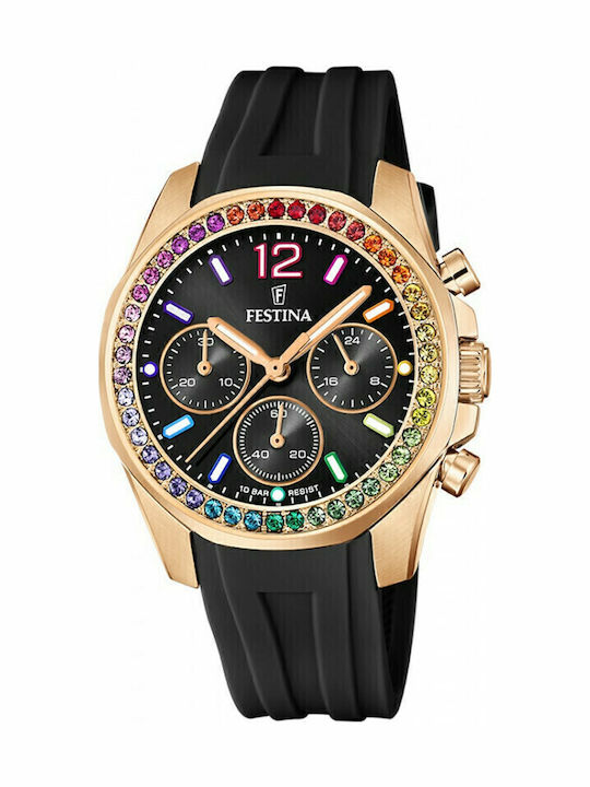 Festina Boyfriend Rainbow Damen Uhr Chronograph mit Schwarz Kautschukarmband