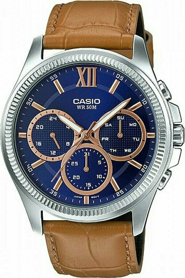 Casio Battery Chronograph Watch with Leather Strap Brown MTP E315L