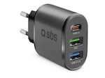 SBS Încărcător Fără Cablu cu 2 Porturi USB-A și Port USB-C 30W Livrarea energiei Negruς (TETR2USBTCPD30W)
