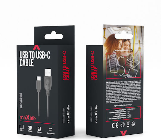 Maxlife USB 2.0 Cable USB-C Male - USB-A Black 3m MAXLIFETYPEC3B