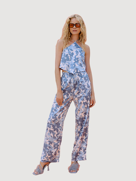 Vero Moda Damen Stoff Palazzo-Hose mit Gummizug in Weiter Linie Blumen Hellblau