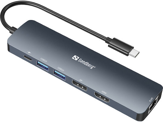 Sandberg USB-C Докинг станция с HDMI/DisplayPort 4K PD Ethernet Черен (136-43)