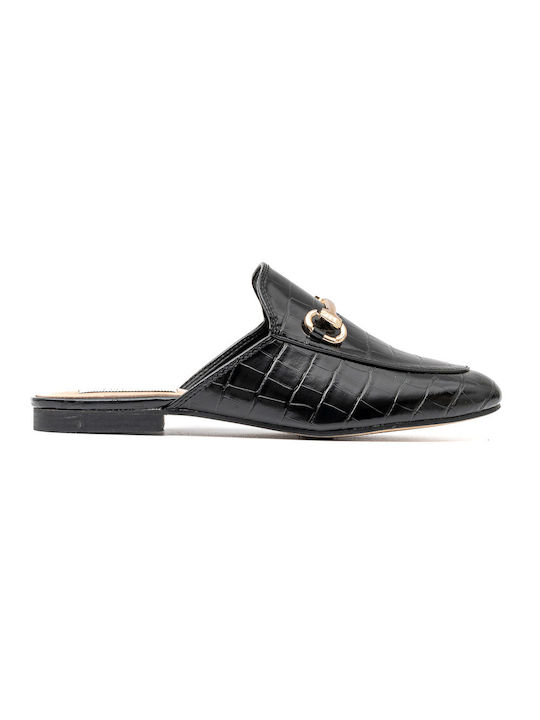 Politis shoes Flat Δερμάτινα Mules Black Croco