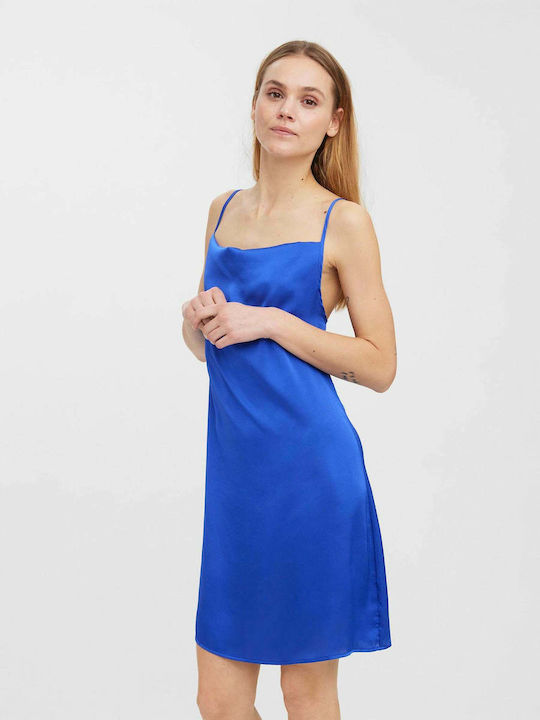 Vero Moda Mini Βραδινό Φόρεμα Κομπινεζόν Σατέν Ντραπέ Μπλε
