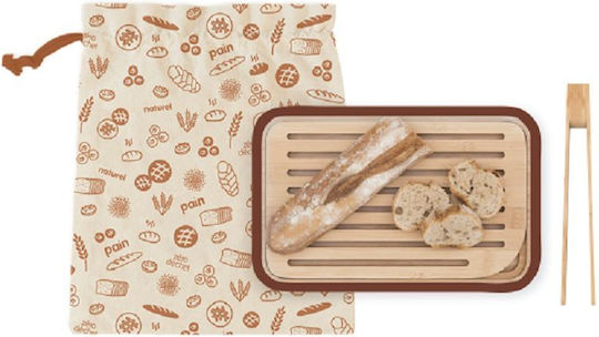 Pebbly Bamboo Chopping Board Set for Bread with Tweezers & Storage Bag Brown 28x18cm 3pcs
